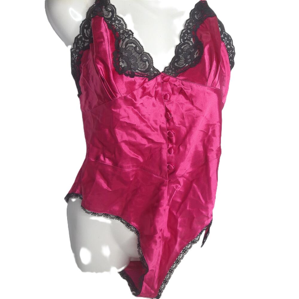 Vintage JCPenney Delicates Hot Pink Satin Black Lace Teddy Bodysuit Size M New